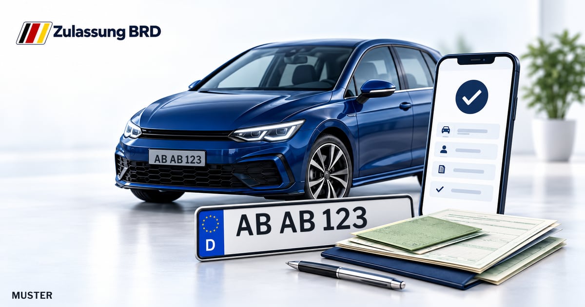 Online Fahrzeugzulassung in Aschaffenburg: Musterkennzeichen AB AB 123, Auto und Fahrzeugpapiere und Smartphone. Illustration mit Logo von Zulassung BRD.